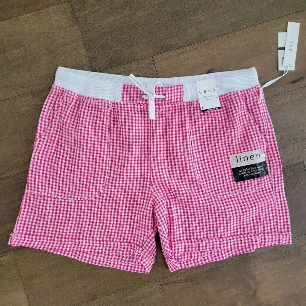Da-sh Cuffed Shorts Gingham Hi-Rise Pockets Linen Drawstring Pink L